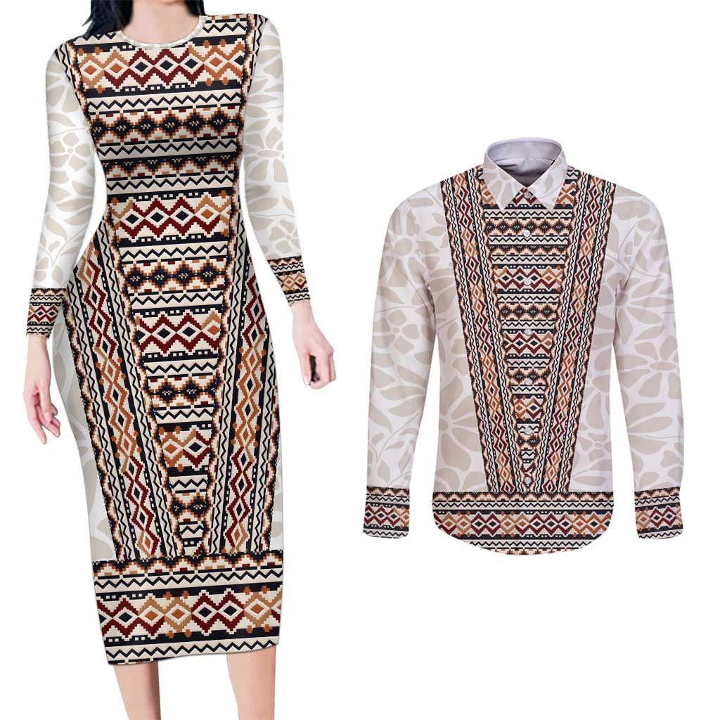 Danmark Traditional Patern with Daisy Couples Matching Long Sleeve Bodycon Dress and Long Sleeve Button Shirt Danish Patern Simple Style