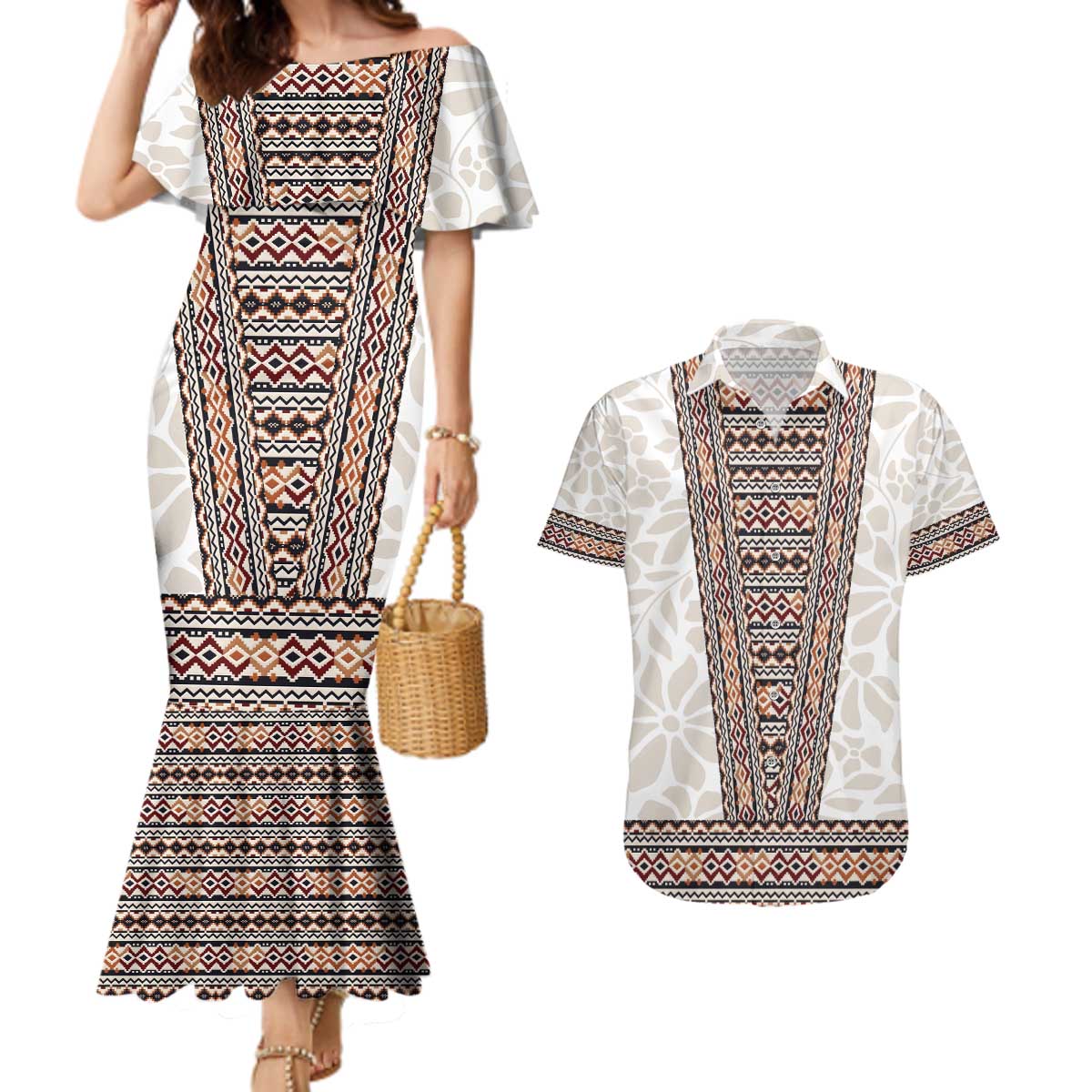 Danmark Traditional Patern with Daisy Couples Matching Mermaid Dress and Hawaiian Shirt Danish Patern Simple Style