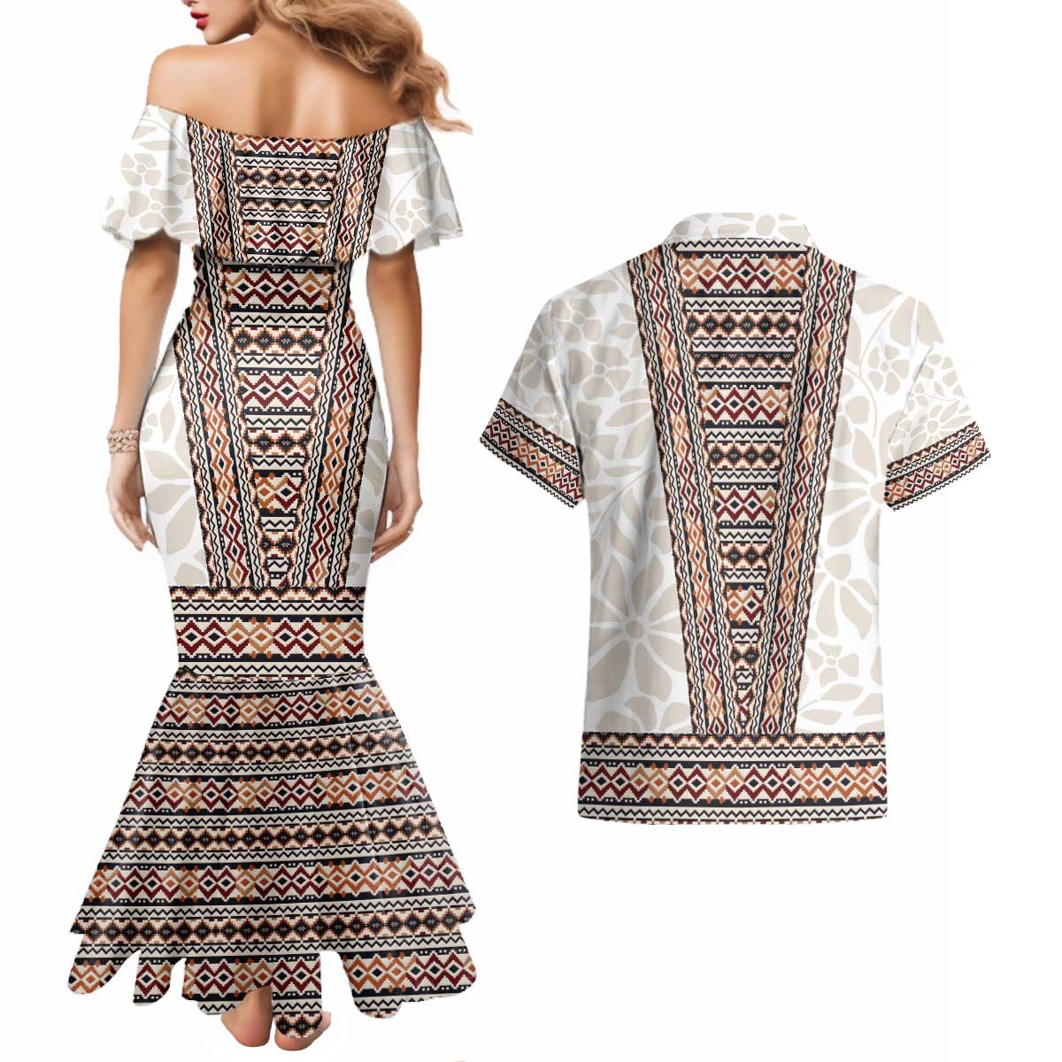 Danmark Traditional Patern with Daisy Couples Matching Mermaid Dress and Hawaiian Shirt Danish Patern Simple Style