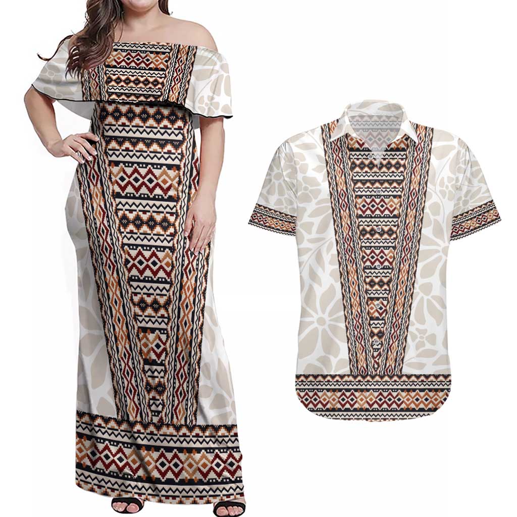 Danmark Traditional Patern with Daisy Couples Matching Off Shoulder Maxi Dress and Hawaiian Shirt Danish Patern Simple Style