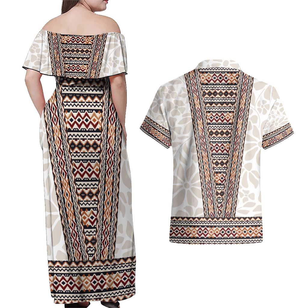 Danmark Traditional Patern with Daisy Couples Matching Off Shoulder Maxi Dress and Hawaiian Shirt Danish Patern Simple Style