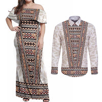 Danmark Traditional Patern with Daisy Couples Matching Off Shoulder Maxi Dress and Long Sleeve Button Shirt Danish Patern Simple Style