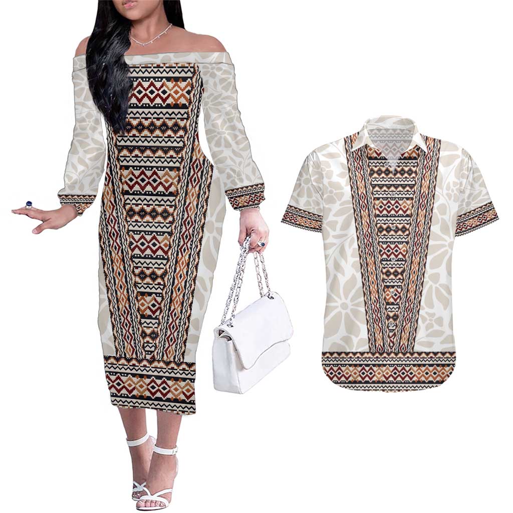 Danmark Traditional Patern with Daisy Couples Matching Off The Shoulder Long Sleeve Dress and Hawaiian Shirt Danish Patern Simple Style