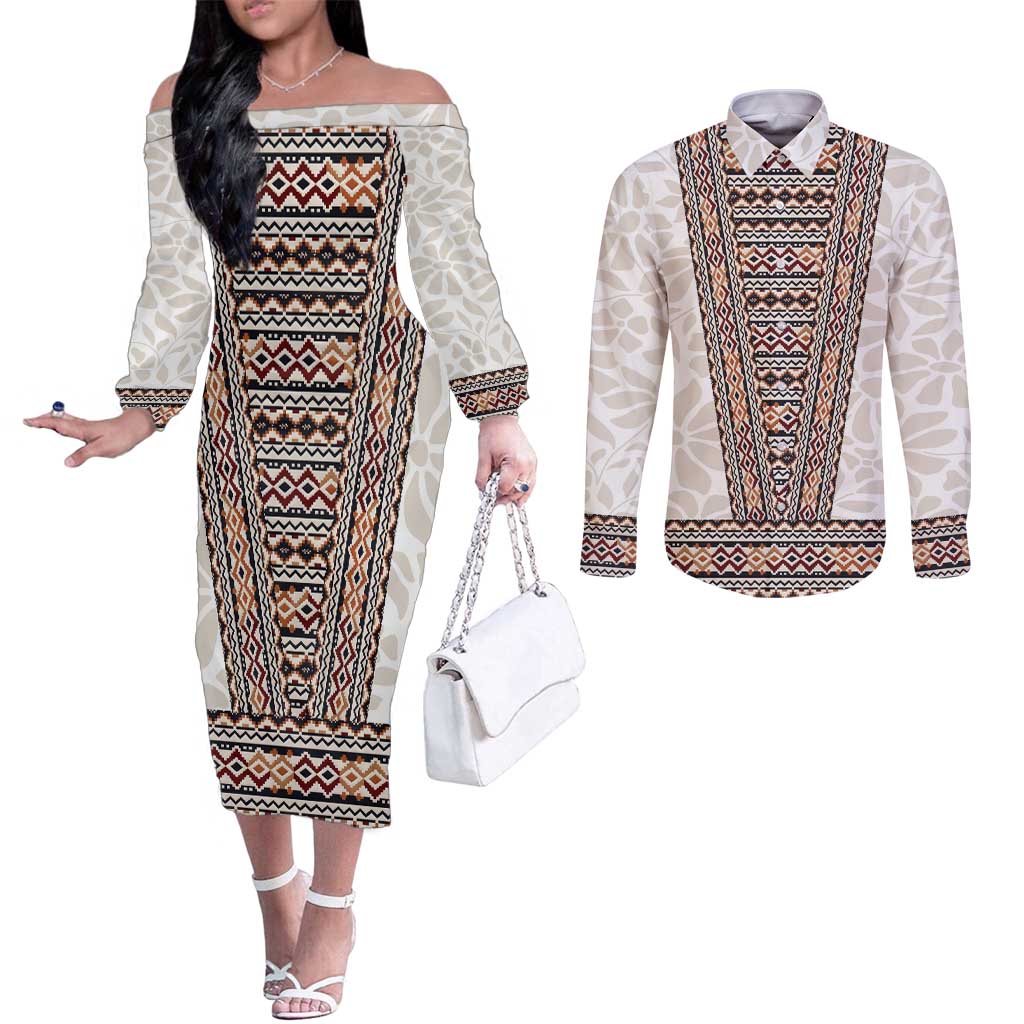 Danmark Traditional Patern with Daisy Couples Matching Off The Shoulder Long Sleeve Dress and Long Sleeve Button Shirt Danish Patern Simple Style