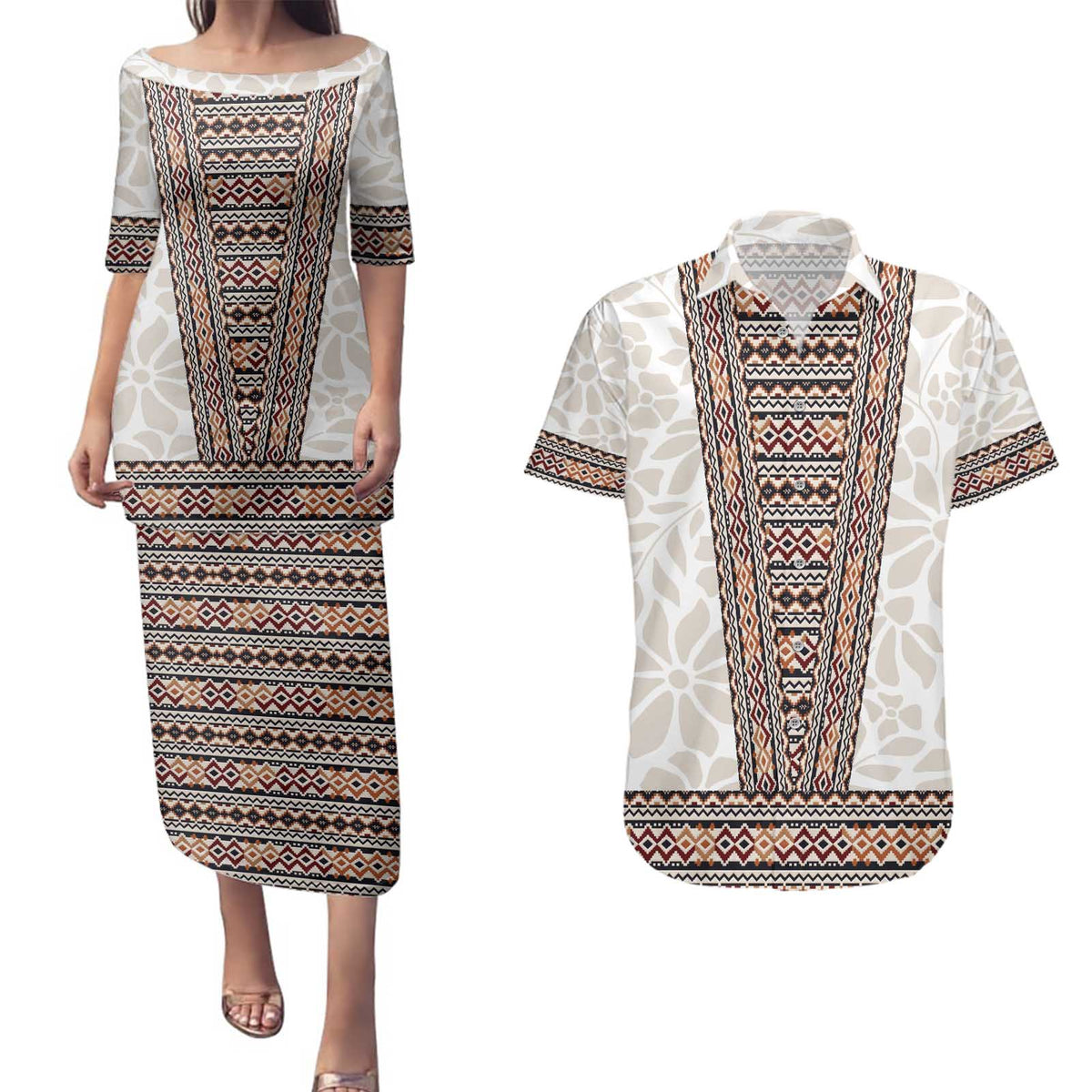 Danmark Traditional Patern with Daisy Couples Matching Puletasi and Hawaiian Shirt Danish Patern Simple Style