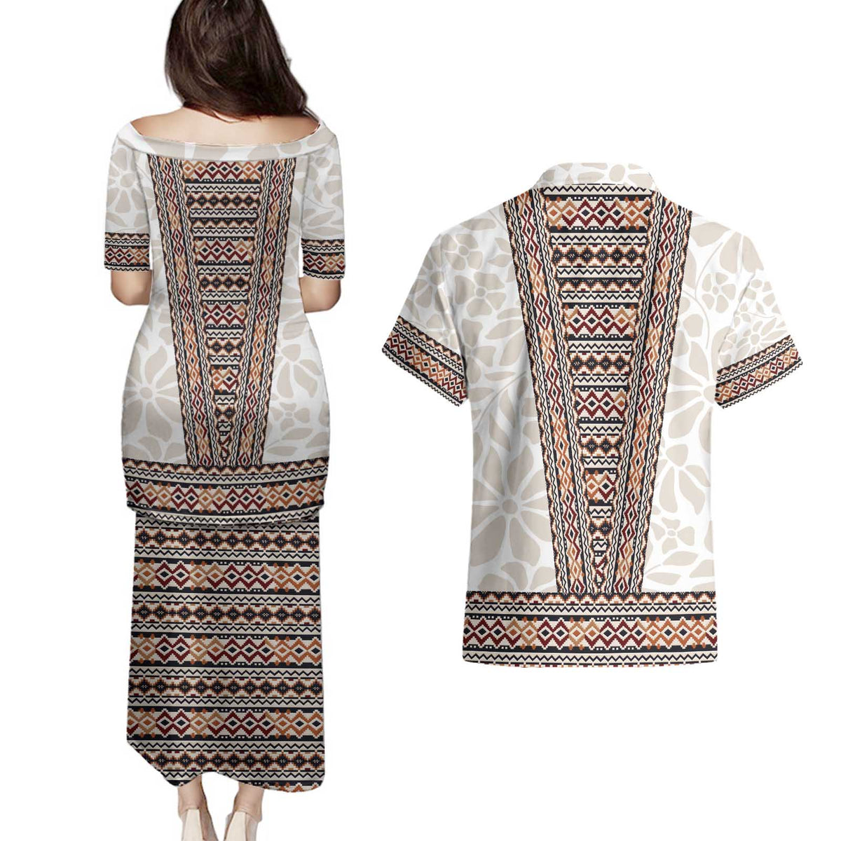 Danmark Traditional Patern with Daisy Couples Matching Puletasi and Hawaiian Shirt Danish Patern Simple Style