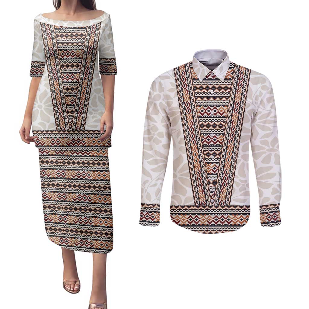 Danmark Traditional Patern with Daisy Couples Matching Puletasi and Long Sleeve Button Shirt Danish Patern Simple Style