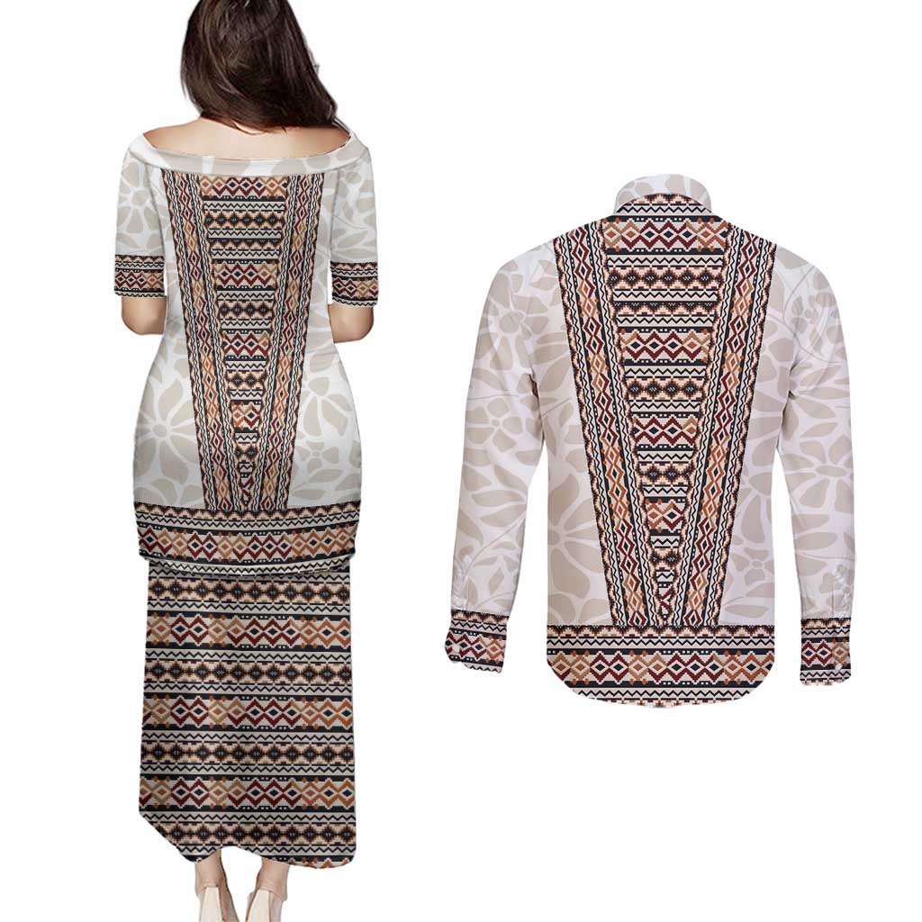 Danmark Traditional Patern with Daisy Couples Matching Puletasi and Long Sleeve Button Shirt Danish Patern Simple Style