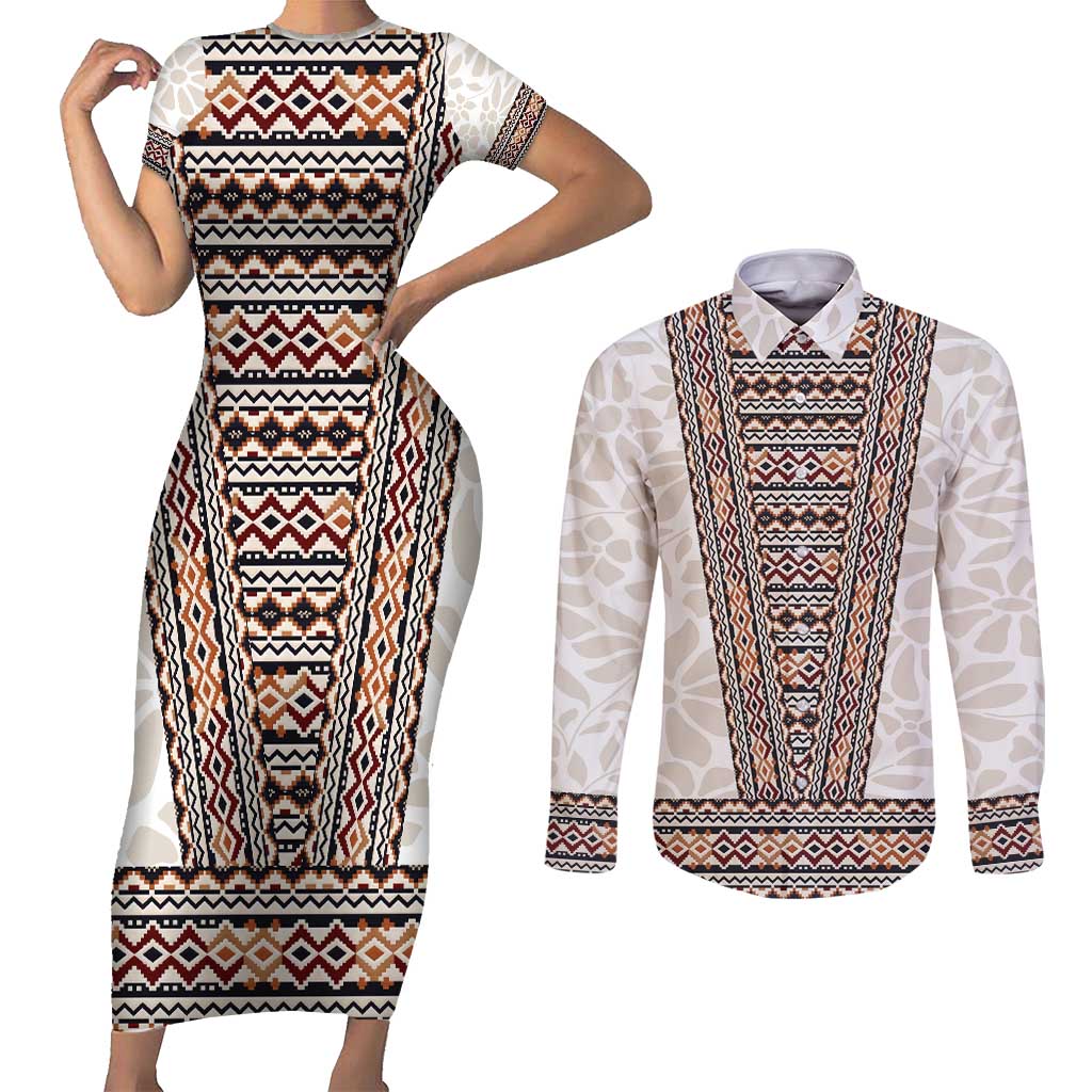 Danmark Traditional Patern with Daisy Couples Matching Short Sleeve Bodycon Dress and Long Sleeve Button Shirt Danish Patern Simple Style