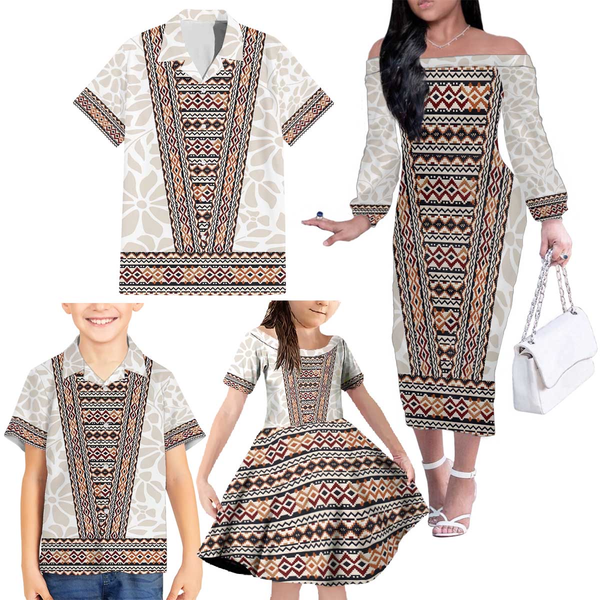Danmark Traditional Patern with Daisy Family Matching Off The Shoulder Long Sleeve Dress and Hawaiian Shirt Danish Patern Simple Style