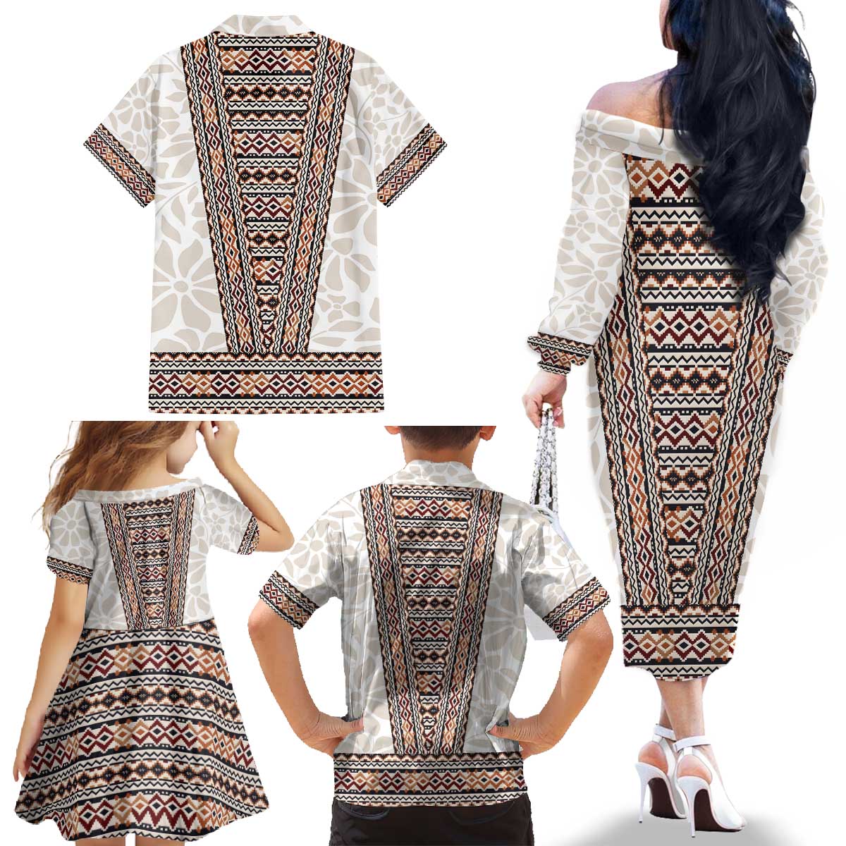 Danmark Traditional Patern with Daisy Family Matching Off The Shoulder Long Sleeve Dress and Hawaiian Shirt Danish Patern Simple Style