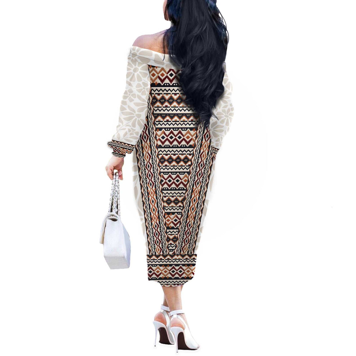 Danmark Traditional Patern with Daisy Off The Shoulder Long Sleeve Dress Danish Patern Simple Style