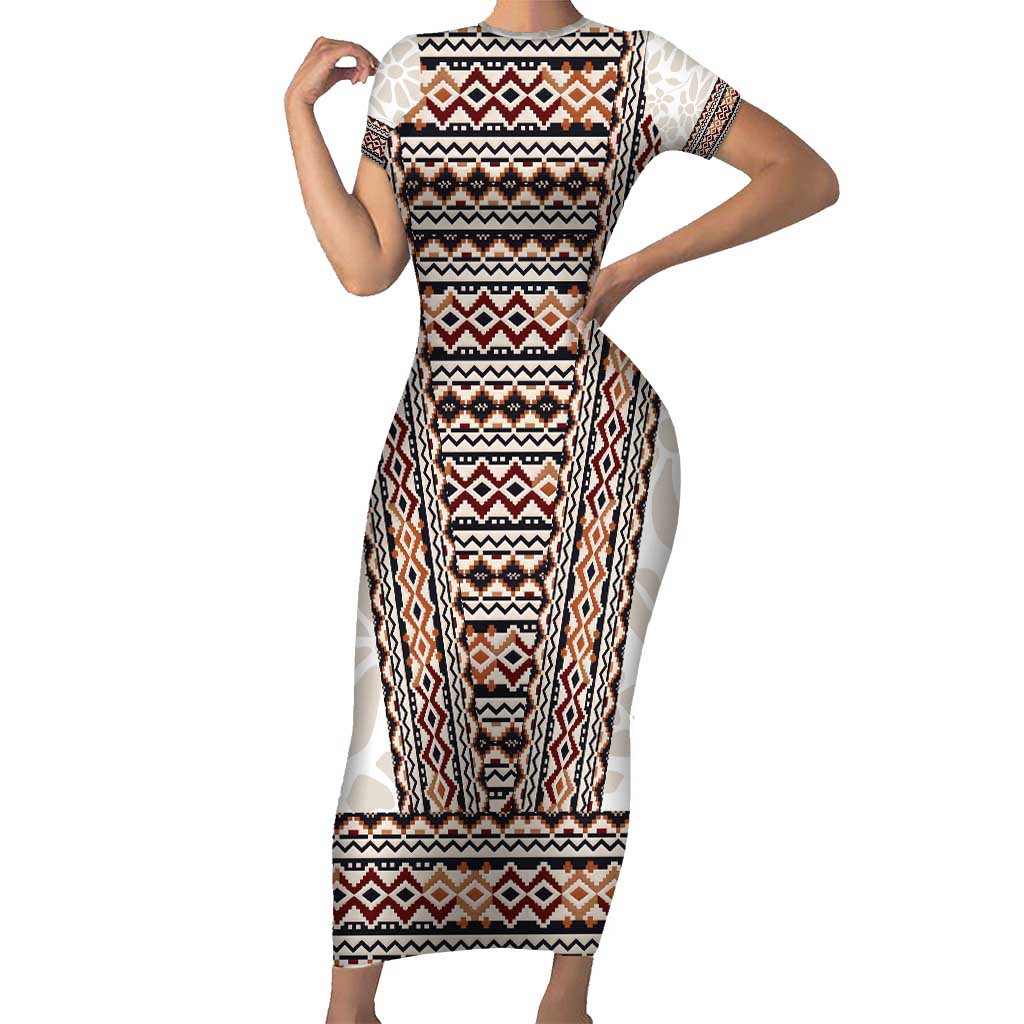 Danmark Traditional Patern with Daisy Short Sleeve Bodycon Dress Danish Patern Simple Style