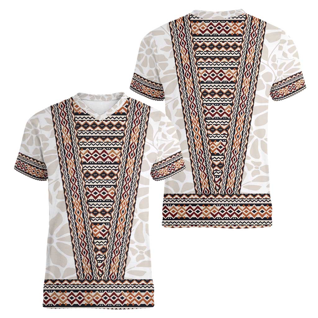 Danmark Traditional Patern with Daisy Women V-Neck T-Shirt Danish Patern Simple Style