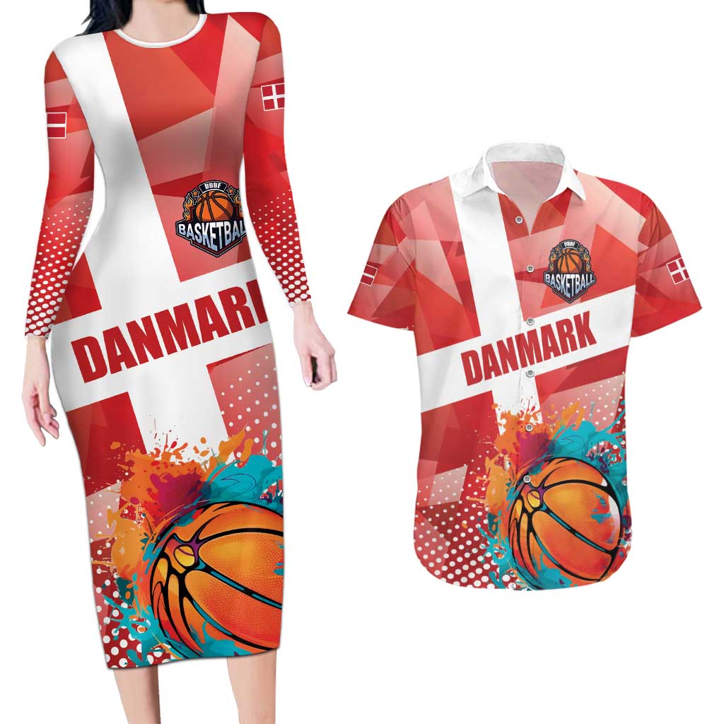 Custom Danmark Basketball Go Champions Couples Matching Long Sleeve Bodycon Dress and Hawaiian Shirt Sporty Style