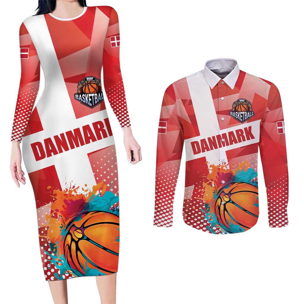 Custom Danmark Basketball Go Champions Couples Matching Long Sleeve Bodycon Dress and Long Sleeve Button Shirt Sporty Style