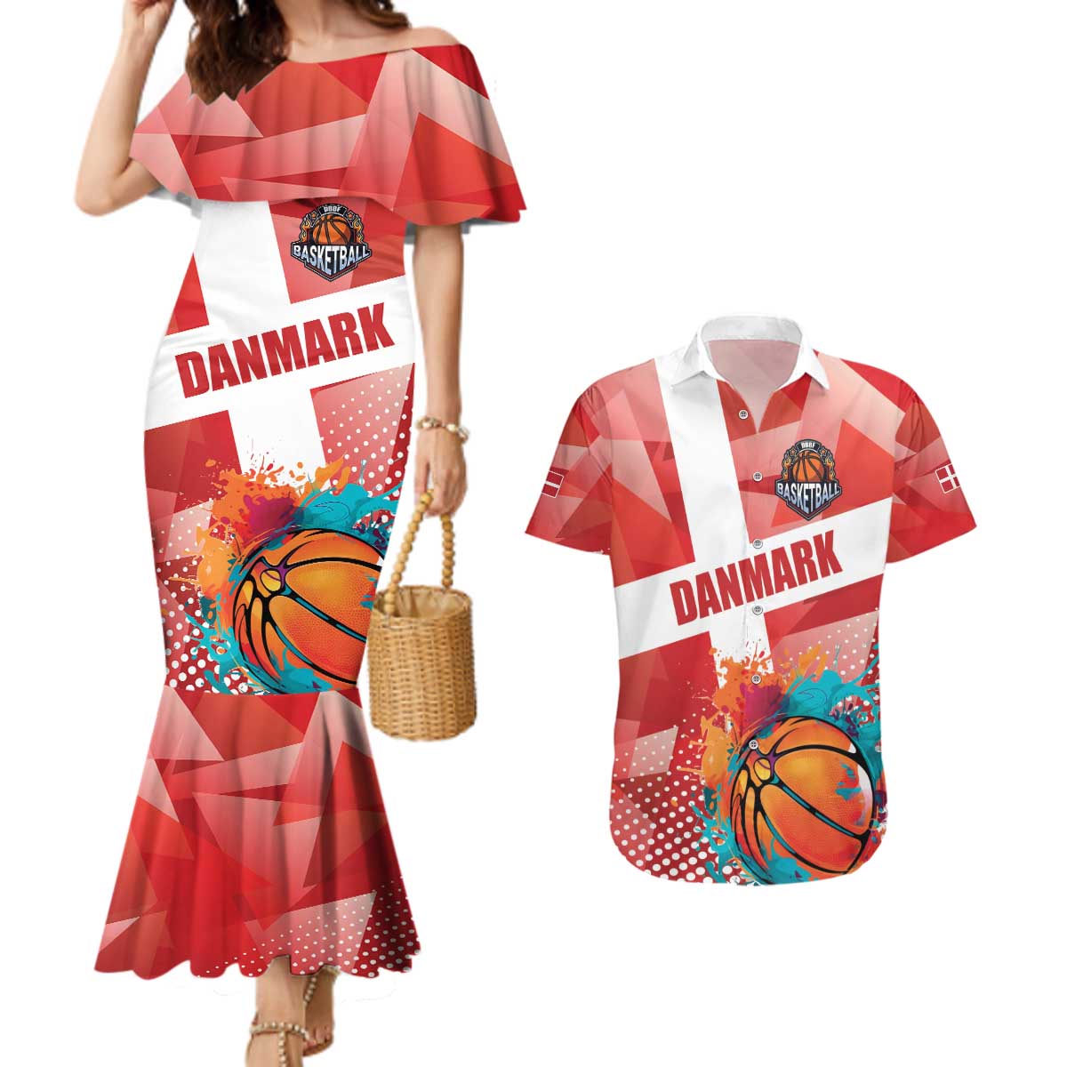 Custom Danmark Basketball Go Champions Couples Matching Mermaid Dress and Hawaiian Shirt Sporty Style