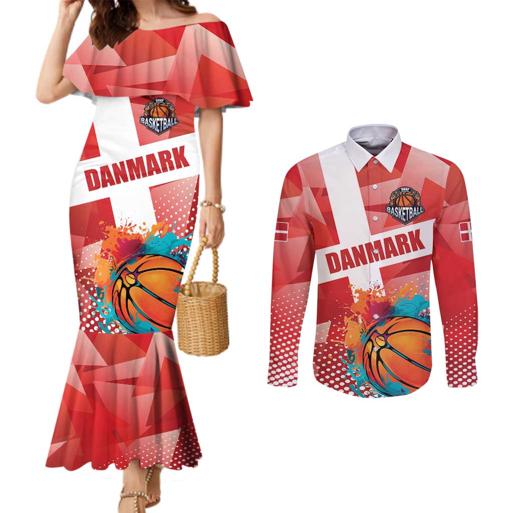 Custom Danmark Basketball Go Champions Couples Matching Mermaid Dress and Long Sleeve Button Shirt Sporty Style