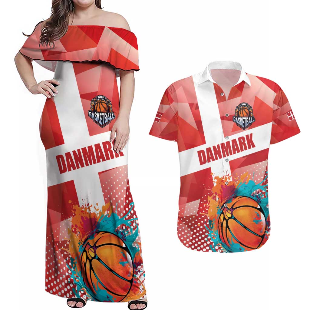 Custom Danmark Basketball Go Champions Couples Matching Off Shoulder Maxi Dress and Hawaiian Shirt Sporty Style