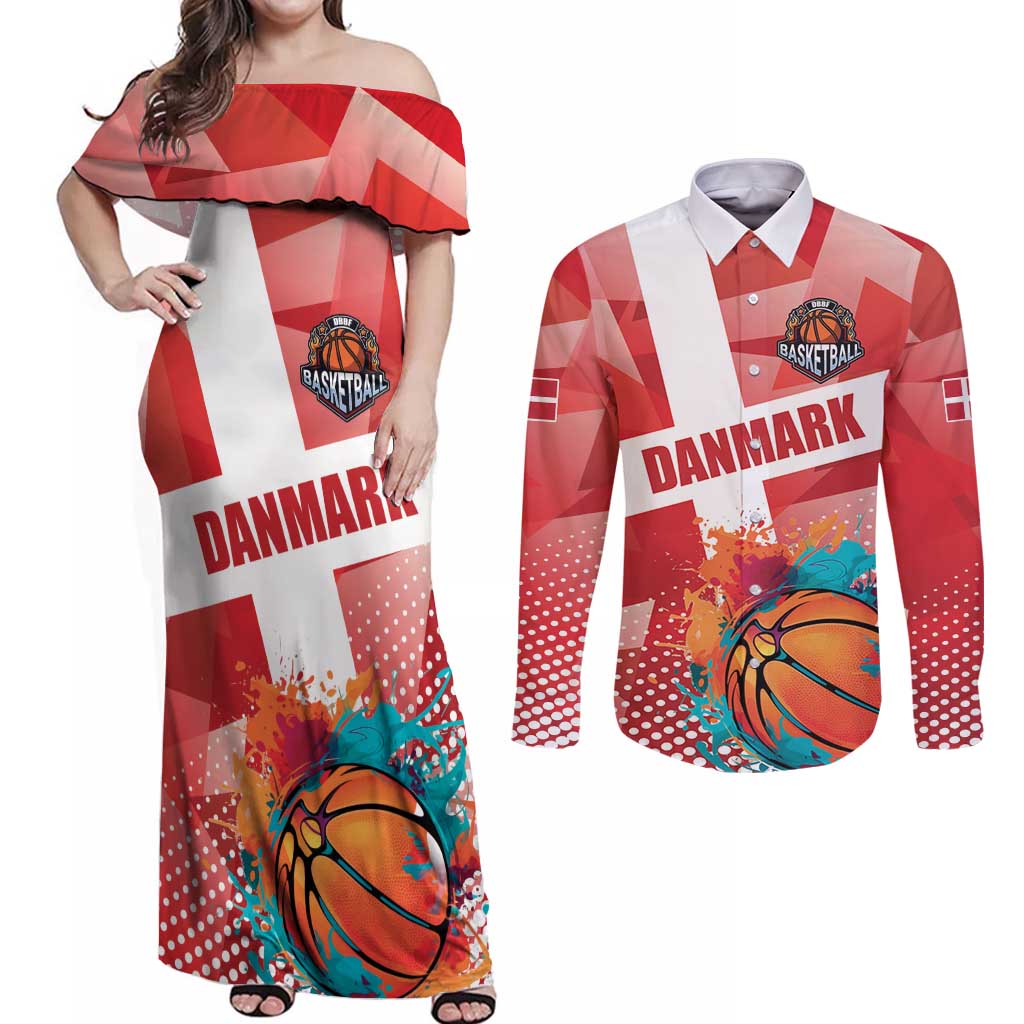Custom Danmark Basketball Go Champions Couples Matching Off Shoulder Maxi Dress and Long Sleeve Button Shirt Sporty Style