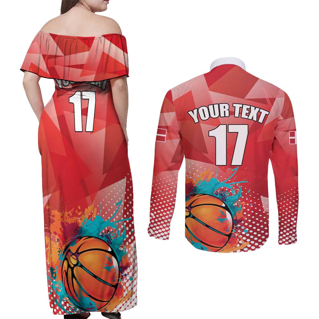 Custom Danmark Basketball Go Champions Couples Matching Off Shoulder Maxi Dress and Long Sleeve Button Shirt Sporty Style
