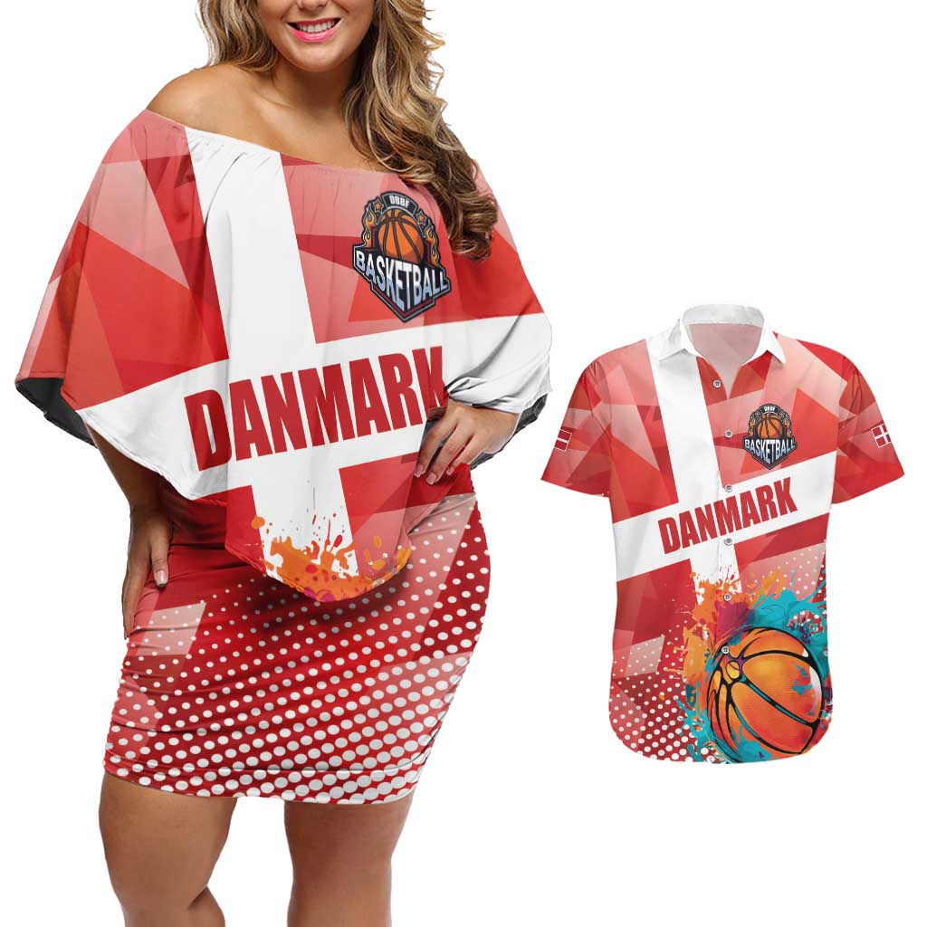 Custom Danmark Basketball Go Champions Couples Matching Off Shoulder Short Dress and Hawaiian Shirt Sporty Style