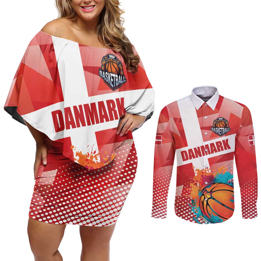 Custom Danmark Basketball Go Champions Couples Matching Off Shoulder Short Dress and Long Sleeve Button Shirt Sporty Style