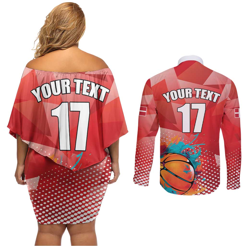 Custom Danmark Basketball Go Champions Couples Matching Off Shoulder Short Dress and Long Sleeve Button Shirt Sporty Style