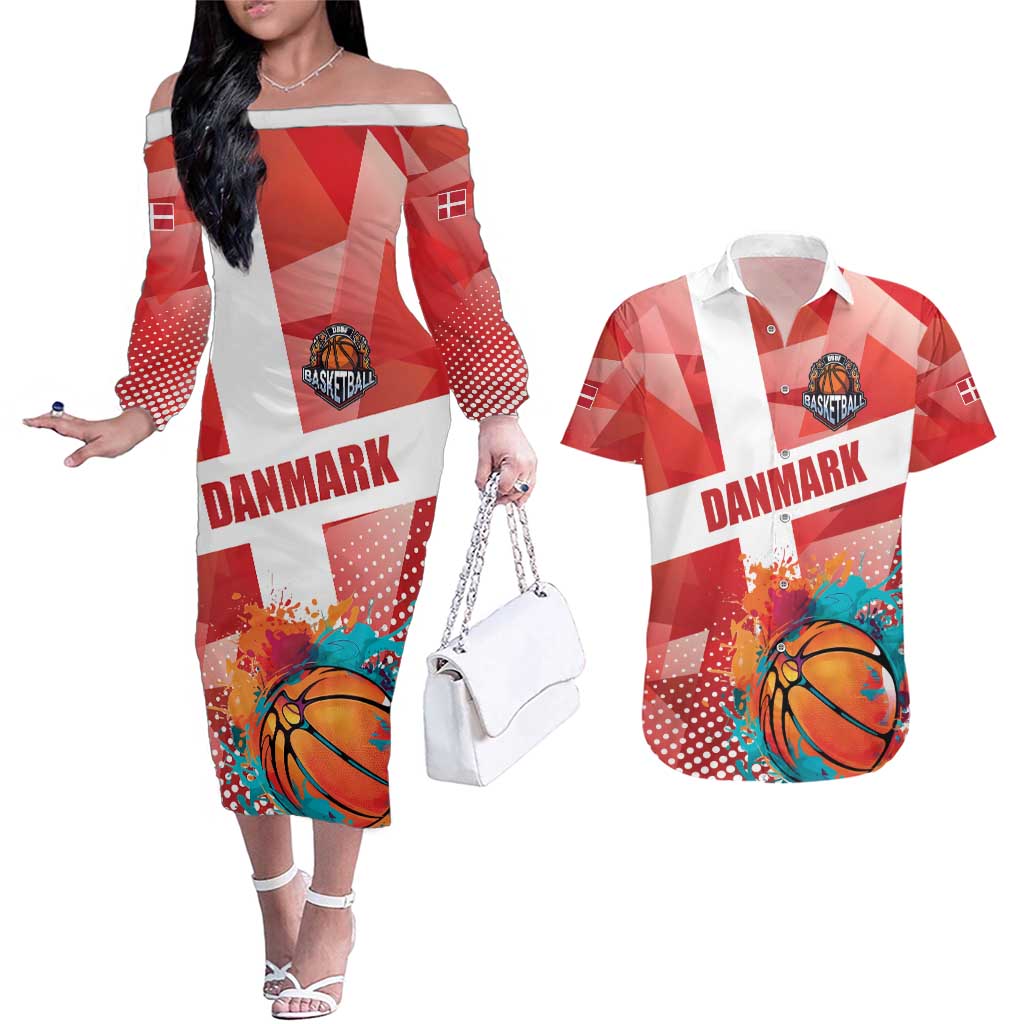 Custom Danmark Basketball Go Champions Couples Matching Off The Shoulder Long Sleeve Dress and Hawaiian Shirt Sporty Style