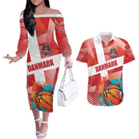 Custom Danmark Basketball Go Champions Couples Matching Off The Shoulder Long Sleeve Dress and Hawaiian Shirt Sporty Style