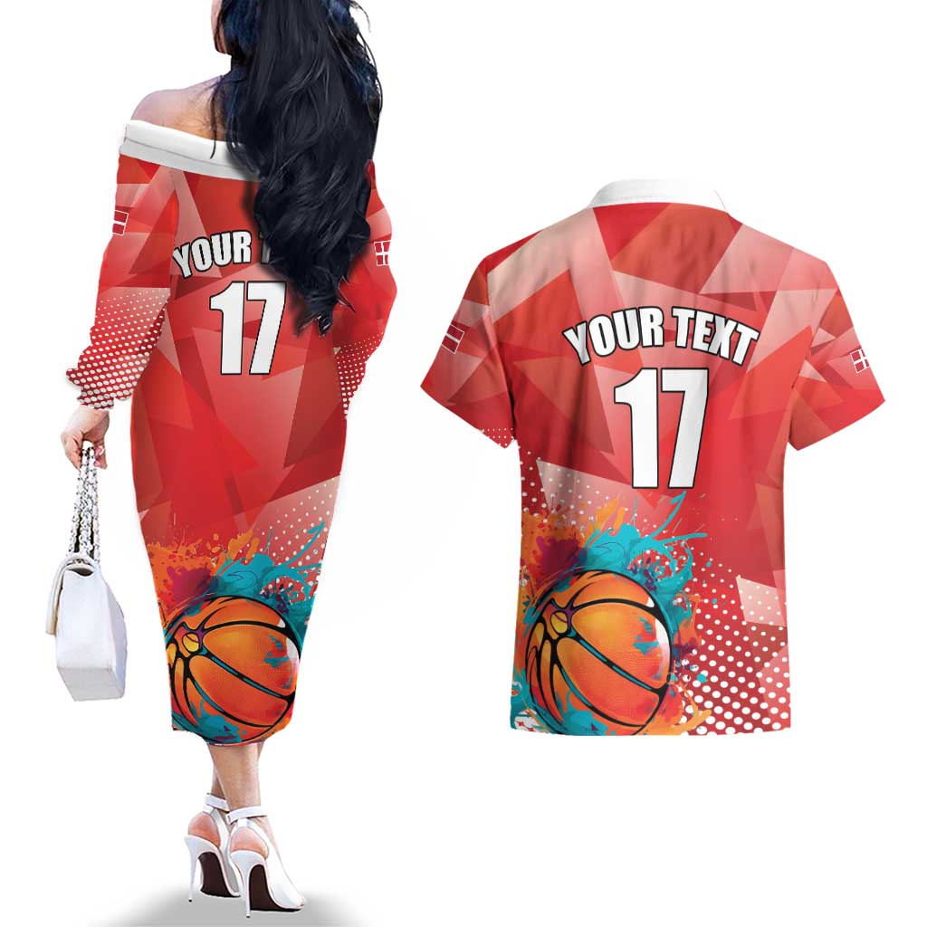 Custom Danmark Basketball Go Champions Couples Matching Off The Shoulder Long Sleeve Dress and Hawaiian Shirt Sporty Style