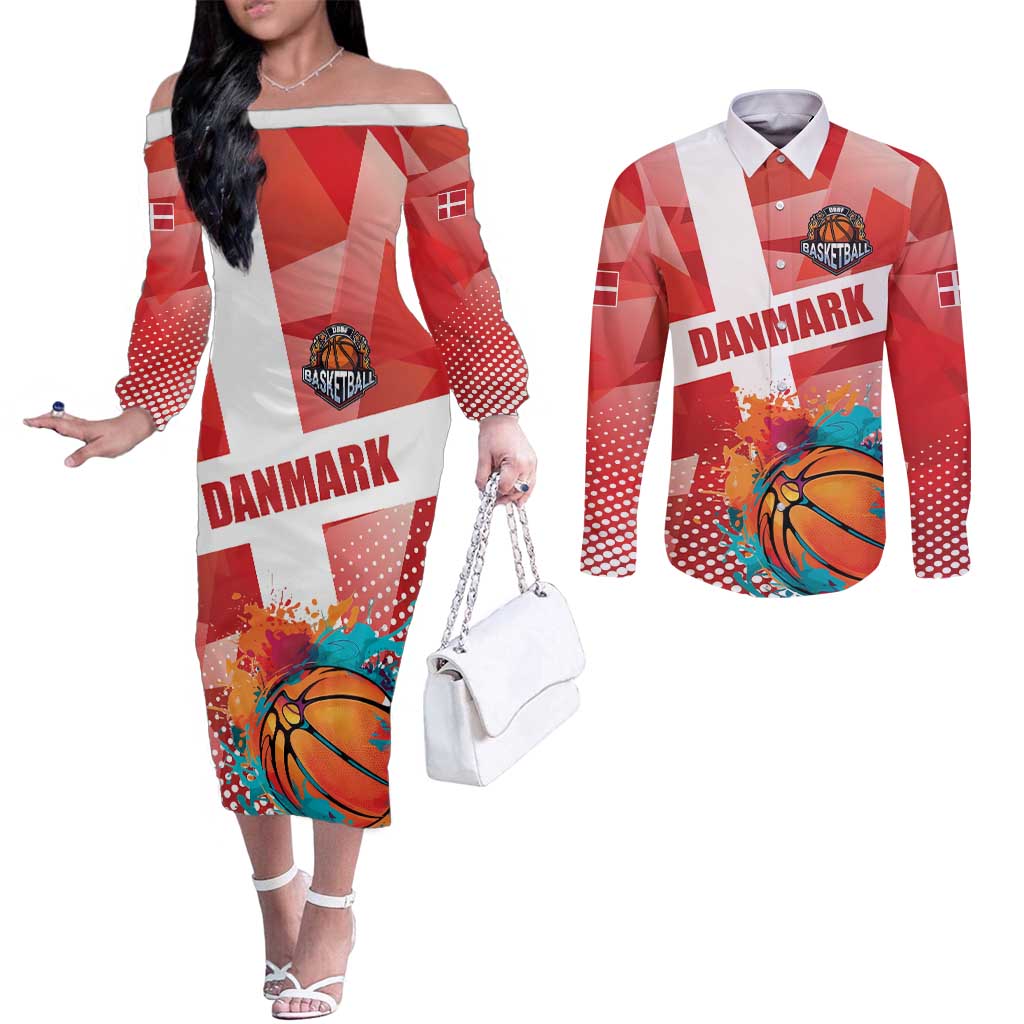 Custom Danmark Basketball Go Champions Couples Matching Off The Shoulder Long Sleeve Dress and Long Sleeve Button Shirt Sporty Style