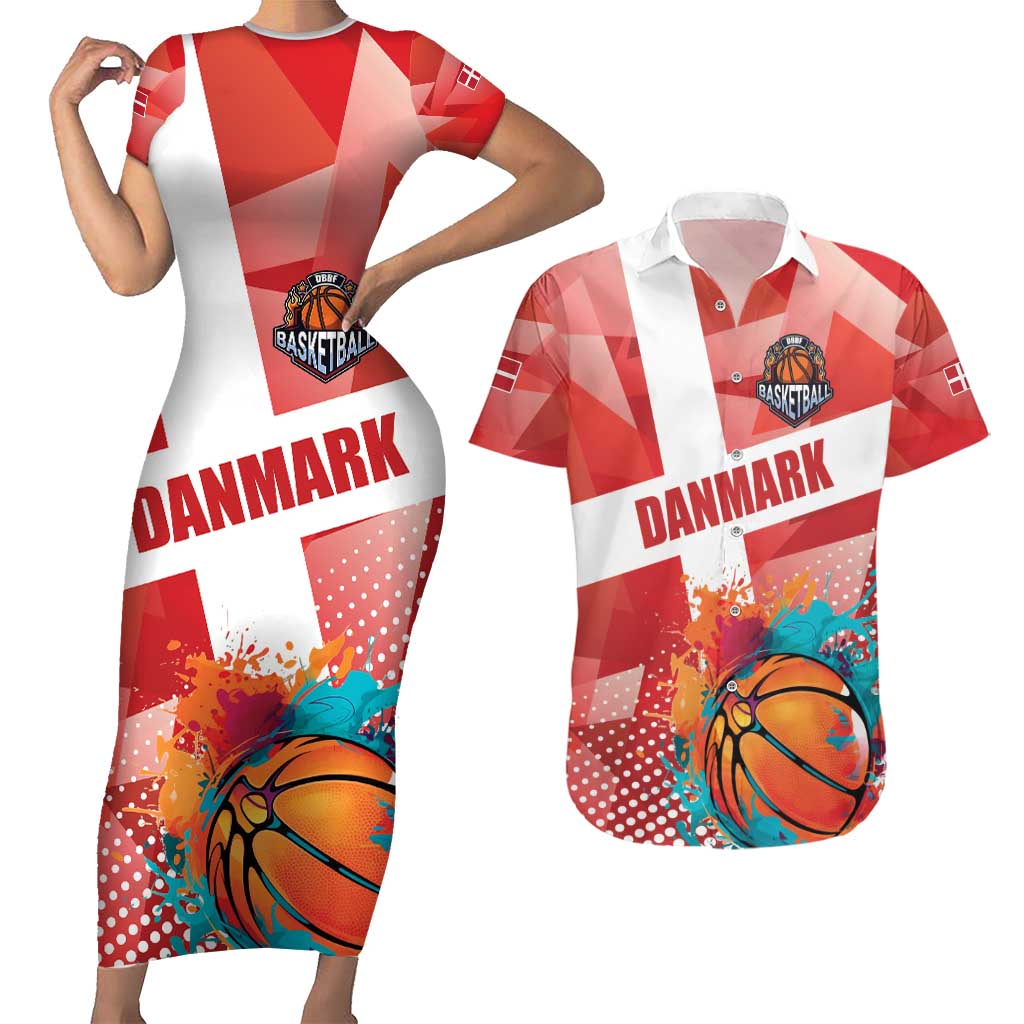 Custom Danmark Basketball Go Champions Couples Matching Short Sleeve Bodycon Dress and Hawaiian Shirt Sporty Style