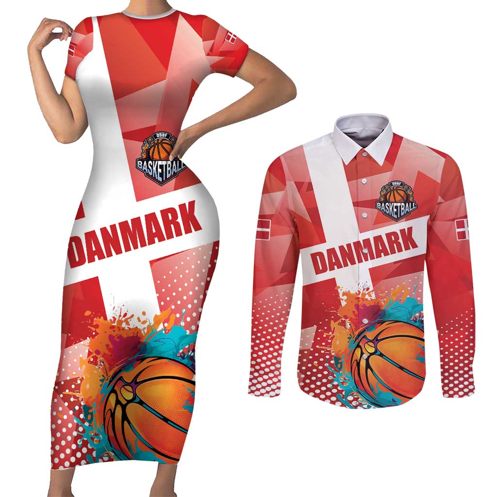 Custom Danmark Basketball Go Champions Couples Matching Short Sleeve Bodycon Dress and Long Sleeve Button Shirt Sporty Style