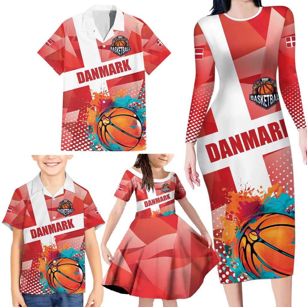 Custom Danmark Basketball Go Champions Family Matching Long Sleeve Bodycon Dress and Hawaiian Shirt Sporty Style