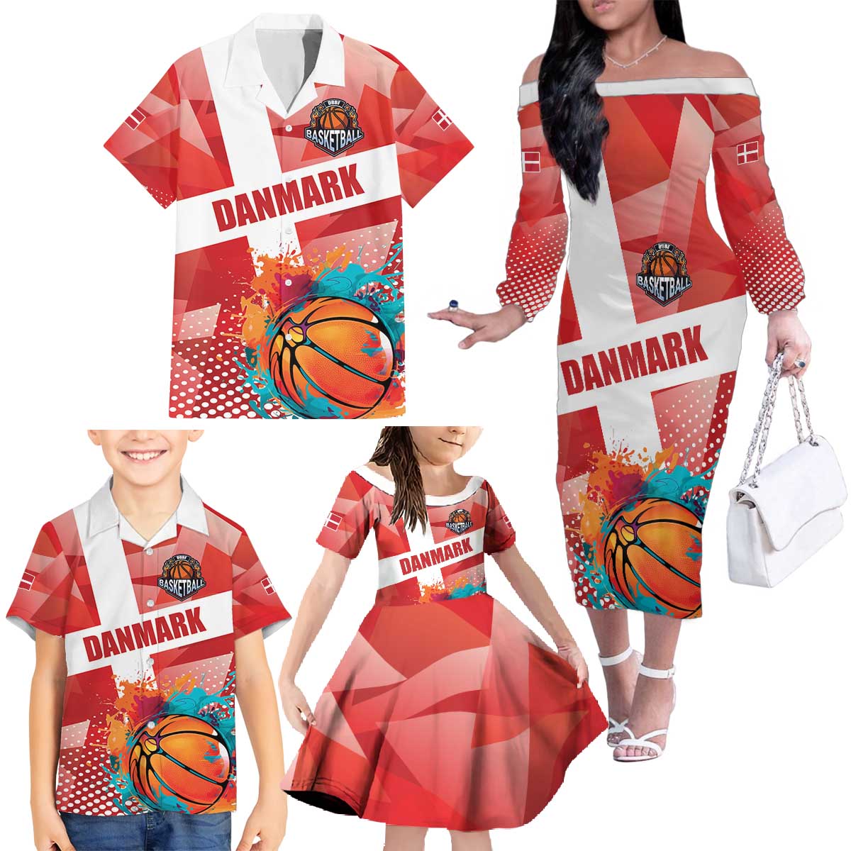 Custom Danmark Basketball Go Champions Family Matching Off The Shoulder Long Sleeve Dress and Hawaiian Shirt Sporty Style