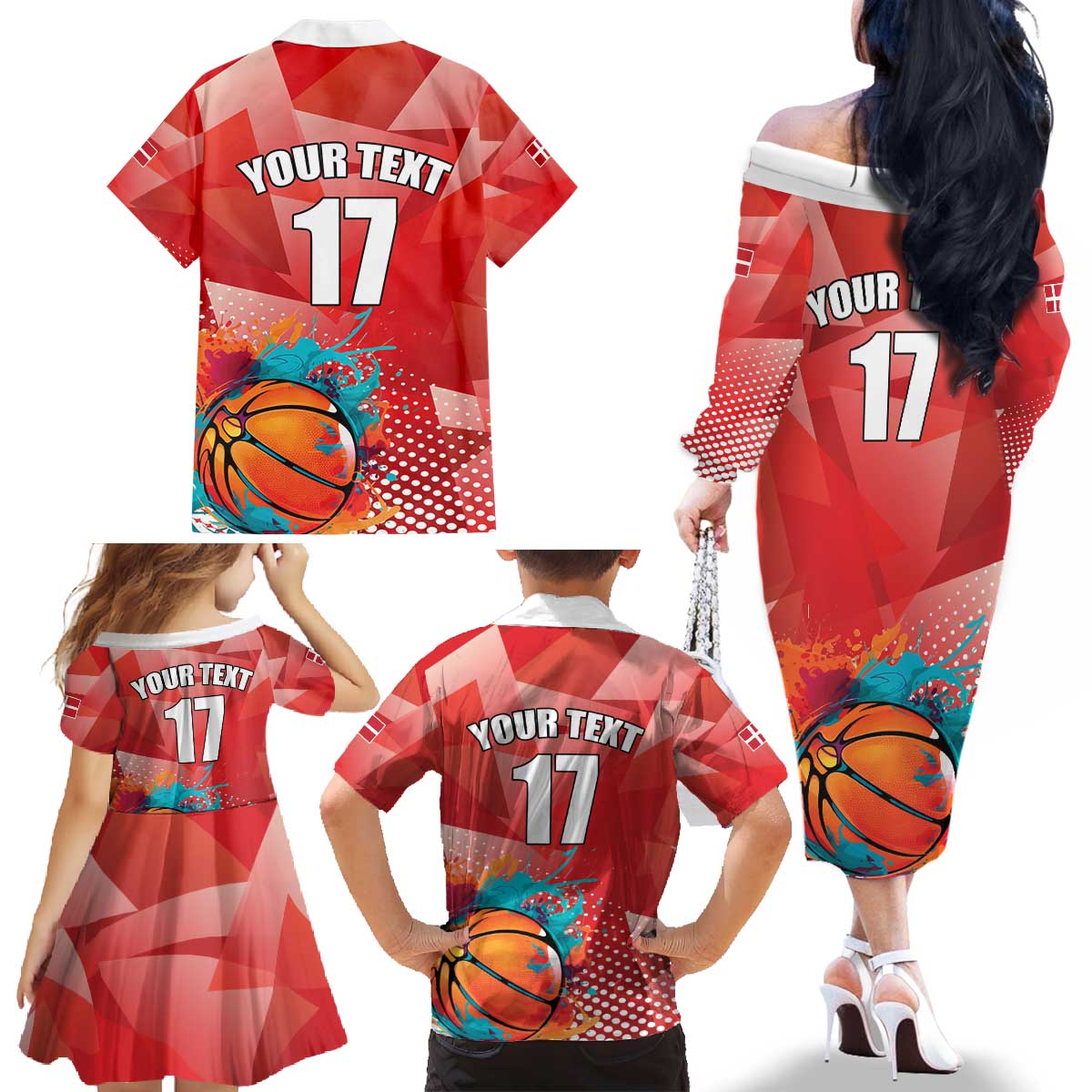 Custom Danmark Basketball Go Champions Family Matching Off The Shoulder Long Sleeve Dress and Hawaiian Shirt Sporty Style