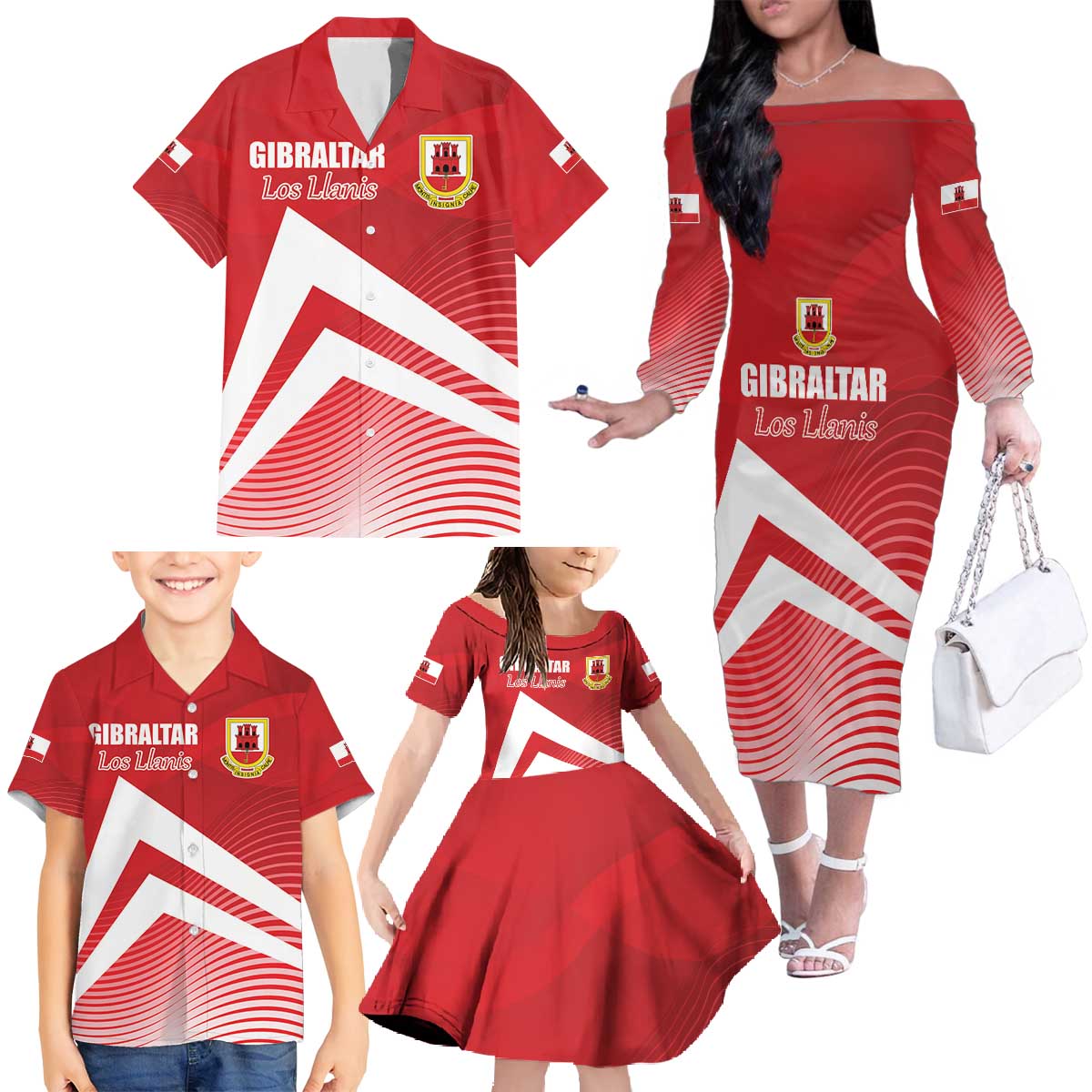 Custom Gibraltar We are Champions Family Matching Off The Shoulder Long Sleeve Dress and Hawaiian Shirt Sporty Style