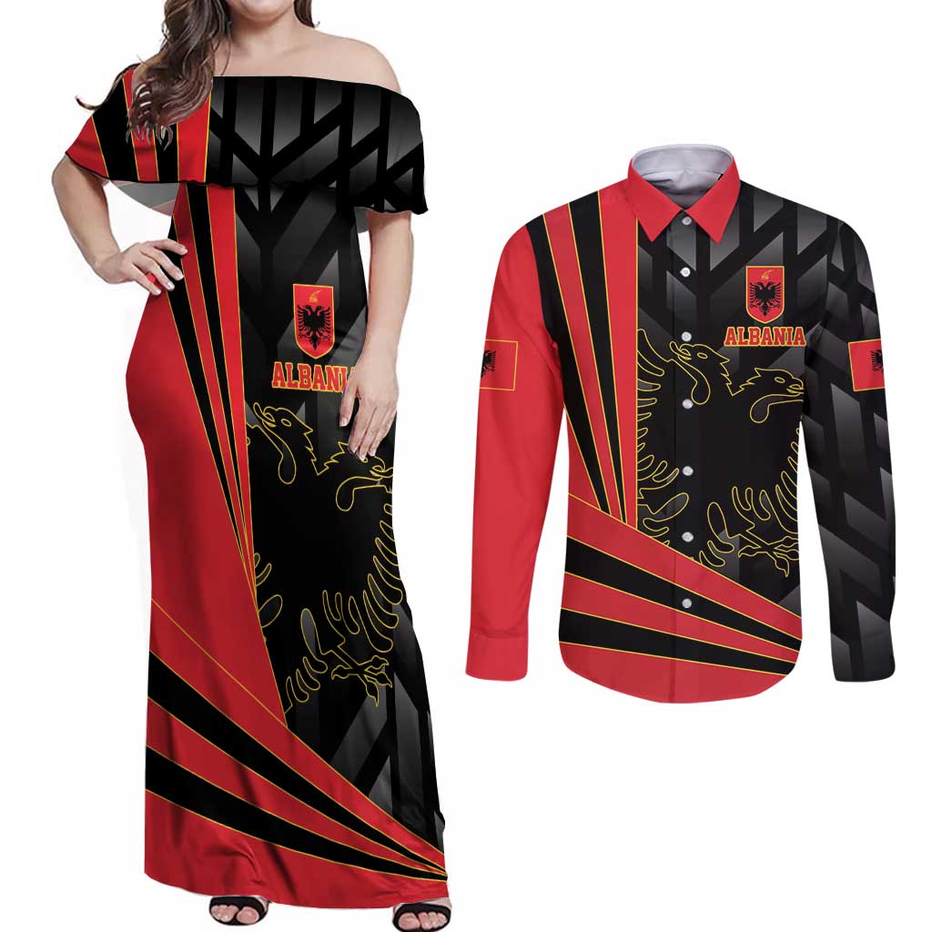 Custom Albania Football We are Champions Couples Matching Off Shoulder Maxi Dress and Long Sleeve Button Shirt Sporty Style with The Double-headed eagle