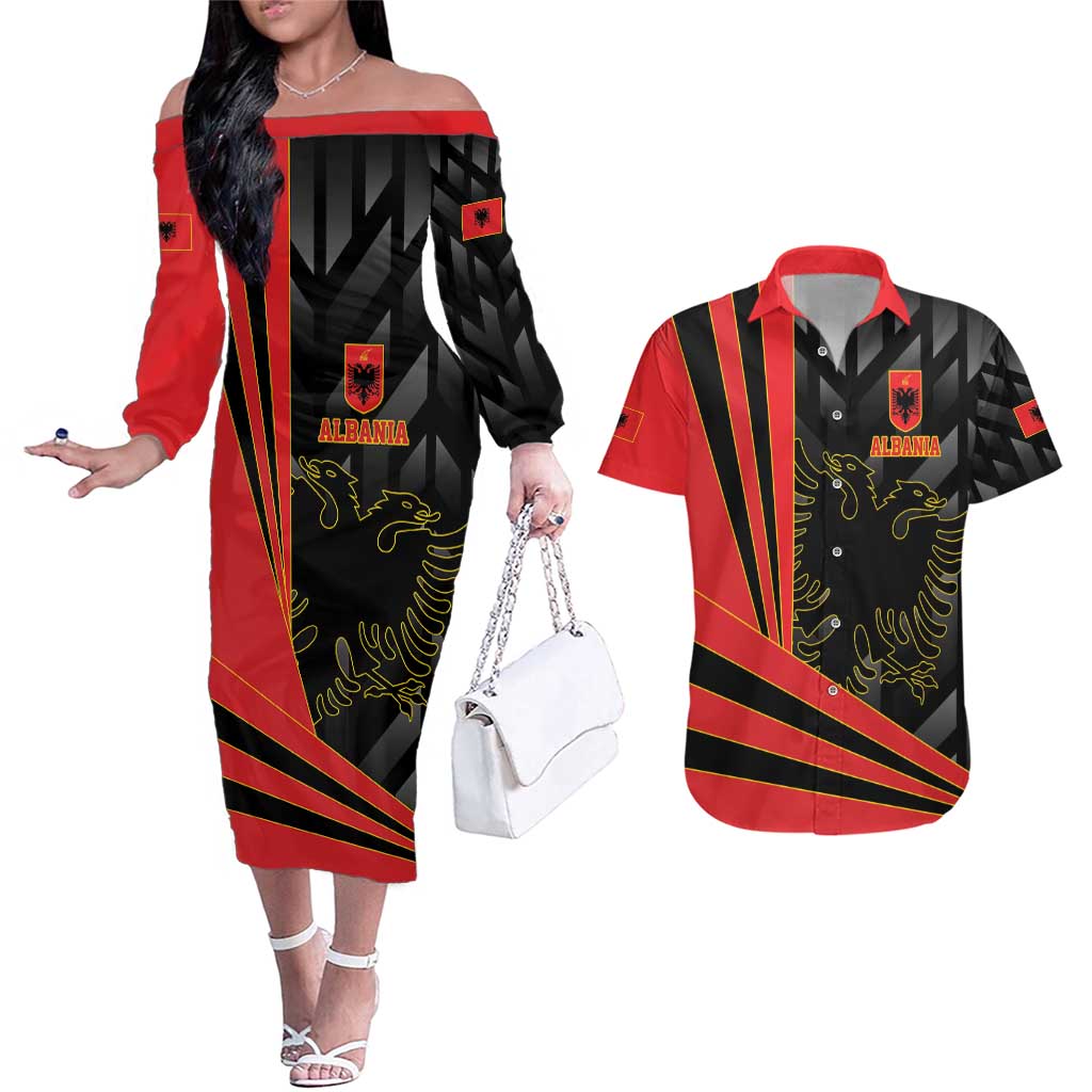 Custom Albania Football We are Champions Couples Matching Off The Shoulder Long Sleeve Dress and Hawaiian Shirt Sporty Style with The Double-headed eagle