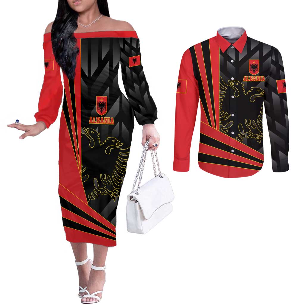 Custom Albania Football We are Champions Couples Matching Off The Shoulder Long Sleeve Dress and Long Sleeve Button Shirt Sporty Style with The Double-headed eagle