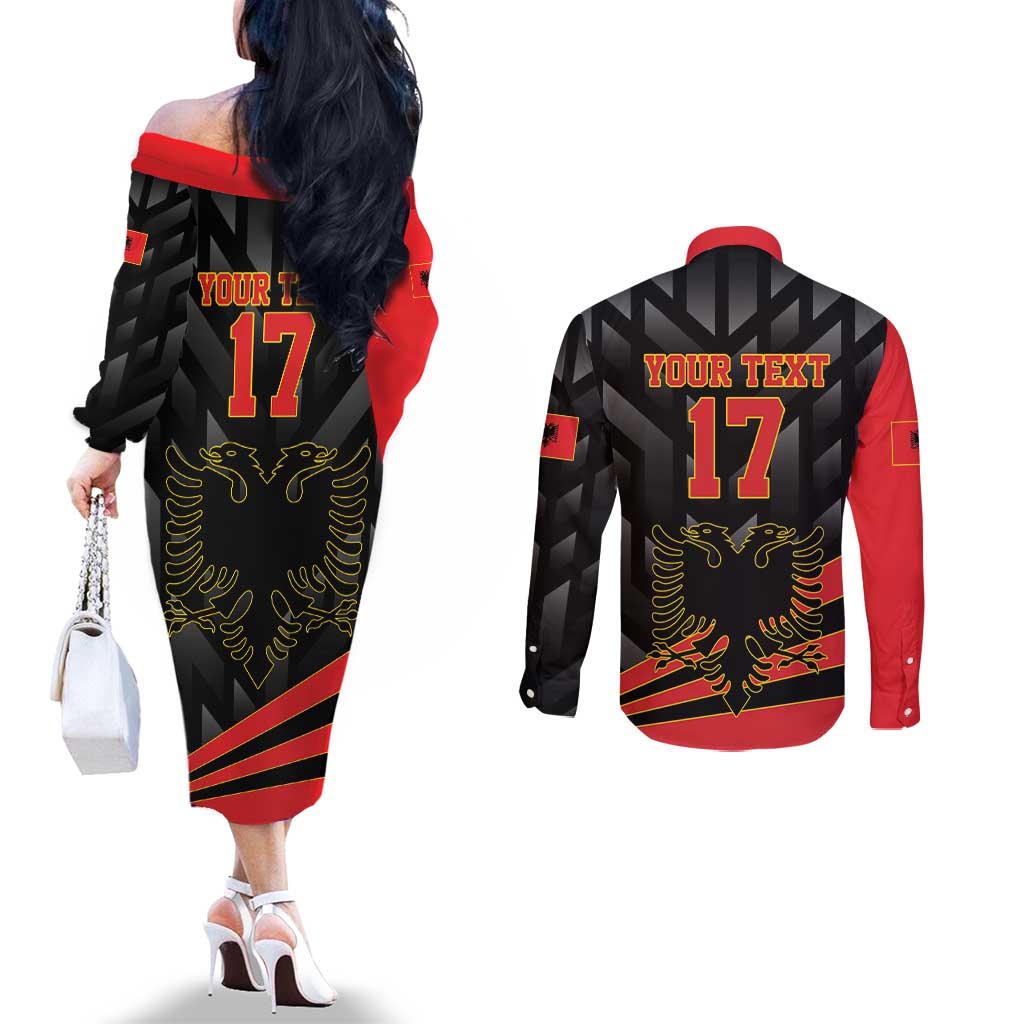 Custom Albania Football We are Champions Couples Matching Off The Shoulder Long Sleeve Dress and Long Sleeve Button Shirt Sporty Style with The Double-headed eagle
