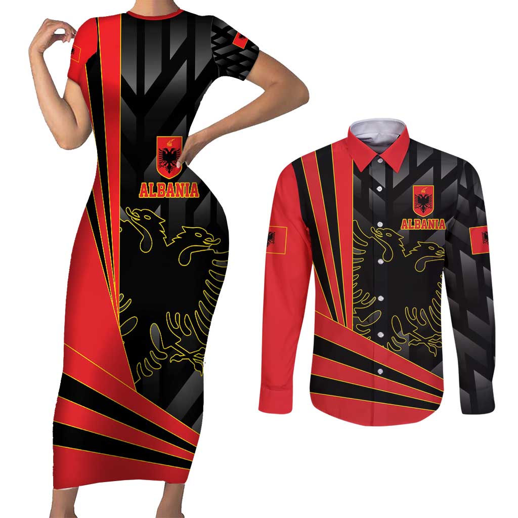 Custom Albania Football We are Champions Couples Matching Short Sleeve Bodycon Dress and Long Sleeve Button Shirt Sporty Style with The Double-headed eagle