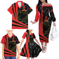 Custom Albania Football We are Champions Family Matching Off The Shoulder Long Sleeve Dress and Hawaiian Shirt Sporty Style with The Double-headed eagle