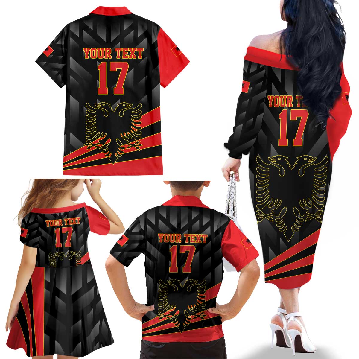 Custom Albania Football We are Champions Family Matching Off The Shoulder Long Sleeve Dress and Hawaiian Shirt Sporty Style with The Double-headed eagle