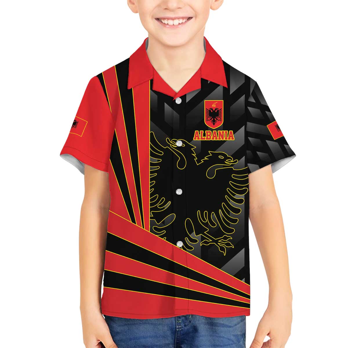 Custom Albania Football We are Champions Family Matching Off The Shoulder Long Sleeve Dress and Hawaiian Shirt Sporty Style with The Double-headed eagle