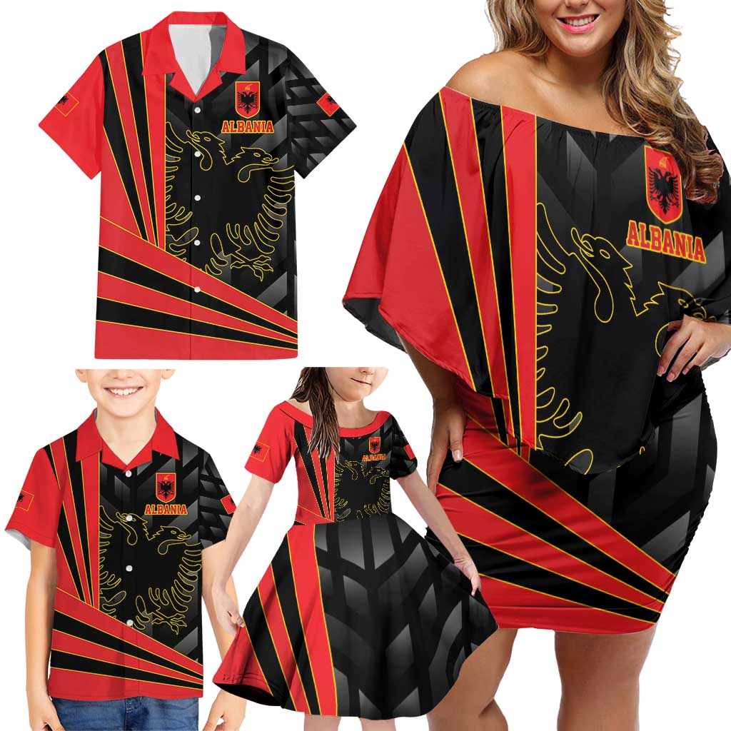 Custom Albania Football We are Champions Family Matching Off Shoulder Short Dress and Hawaiian Shirt Sporty Style with The Double-headed eagle