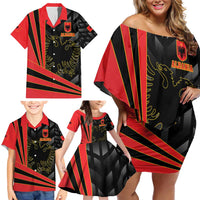 Custom Albania Football We are Champions Family Matching Off Shoulder Short Dress and Hawaiian Shirt Sporty Style with The Double-headed eagle