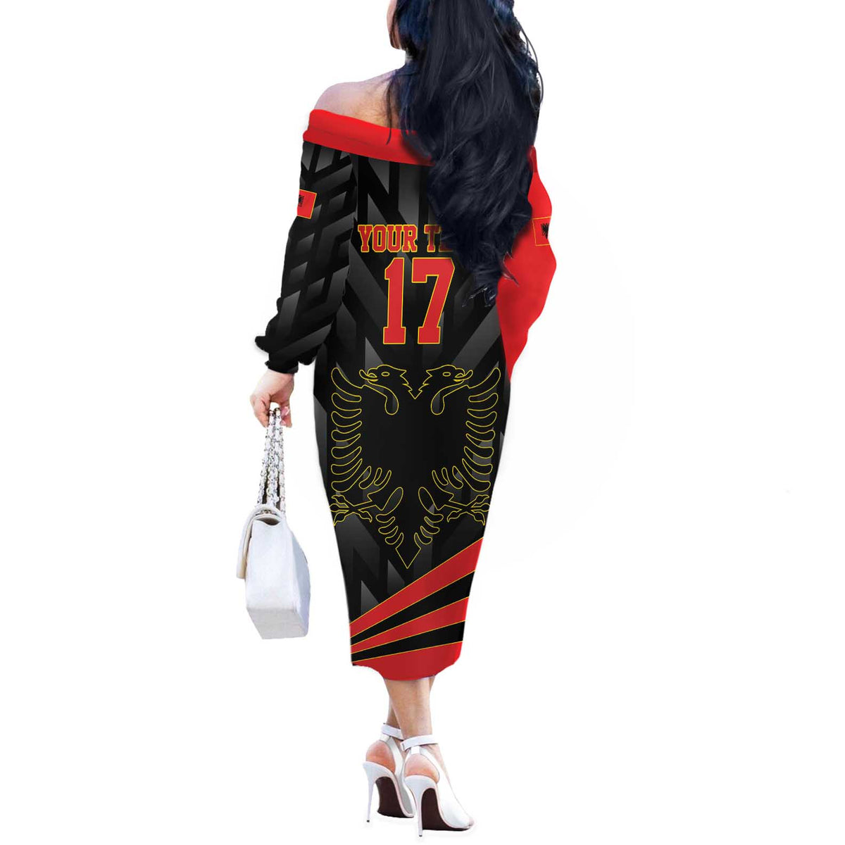 Custom Albania Football We are Champions Off The Shoulder Long Sleeve Dress Sporty Style with The Double-headed eagle
