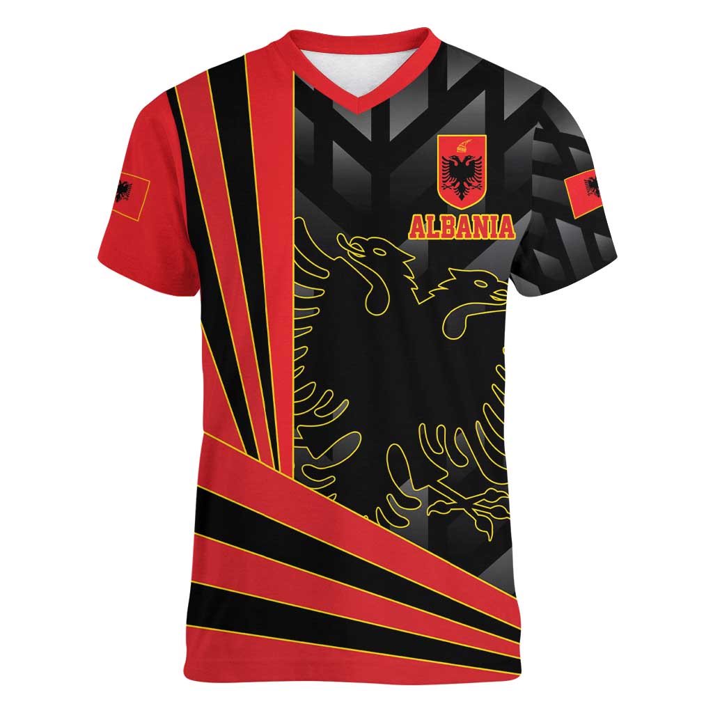 Custom Albania Football We are Champions Women V-Neck T-Shirt Sporty Style with The Double-headed eagle